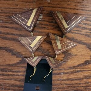 Triangular Wooden Earrings with Gold Detailing